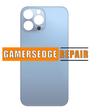 Rear view of an iPhone 13 Pro with a cracked back glass, with the text 'GAMERSEDGE REPAIR' added to the image.