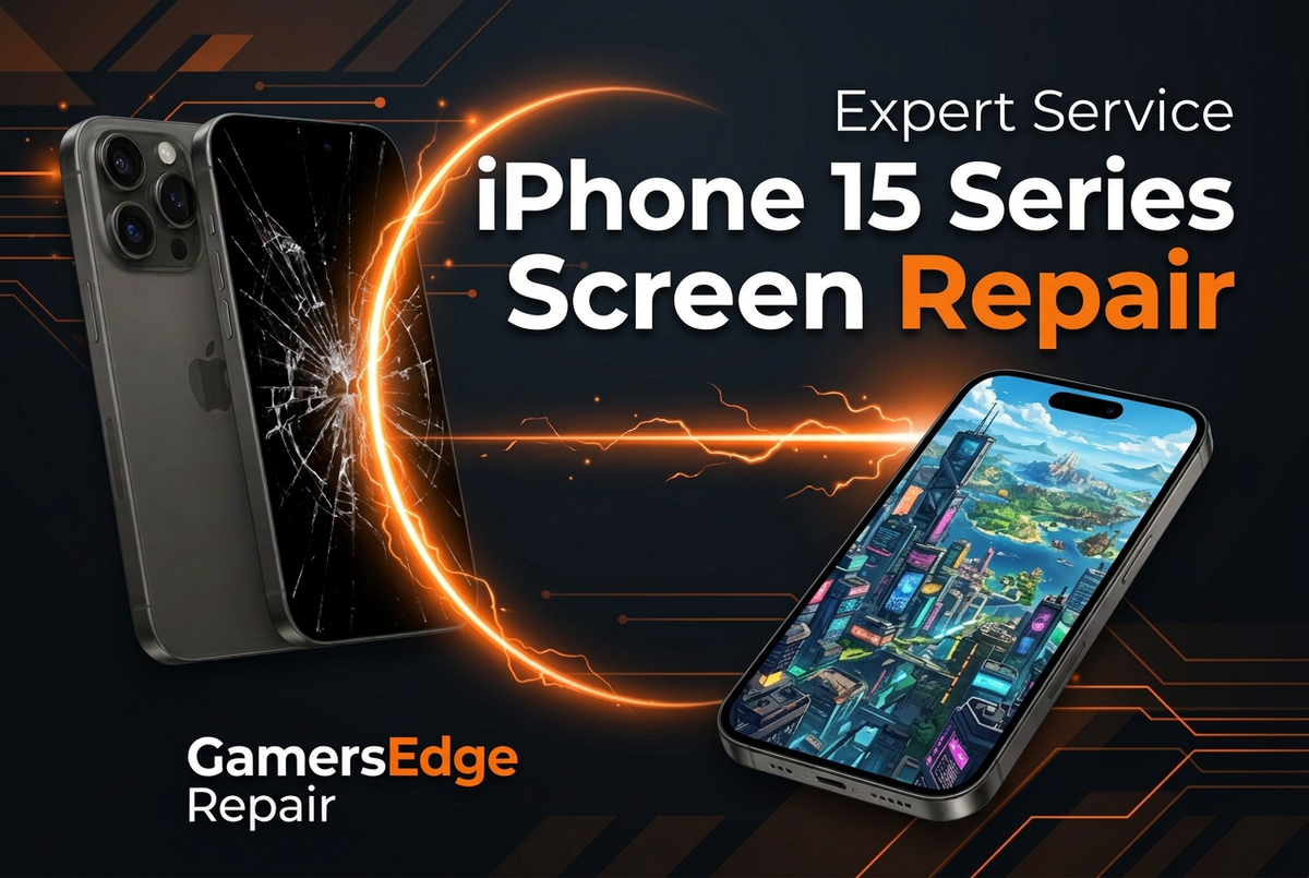 Promotional graphic for iPhone 15 Series screen repair by GamersEdge Repair, showing two dark gray iPhones with cracked and intact screens on a dark tech-themed background with orange circuit lines and glowing text.