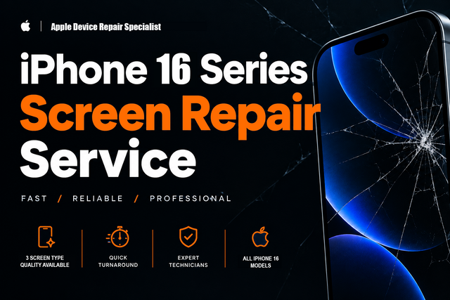 IMAGE OF IPHONE 16 SERIES PHONE SCREEN REPAIR SERVICE. MULTIPLE TYPE OF SCREENS AVAILABLE