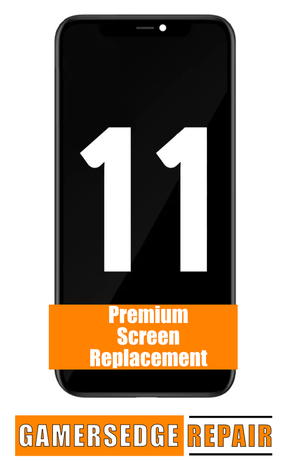 An illustration of an iPhone 11 screen replacement service advertisement, indicating a premium screen option