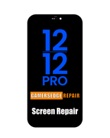 Phone screen repair advertisement with '12 12 Pro' branding on a black background