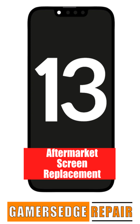 An illustration of an iPhone 13 screen replacement service advertisement, indicating an aftermarket screen option.
