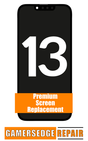An illustration of an iPhone 13 screen replacement service advertisement, indicating a premium screen option.