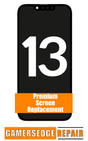 An illustration of an iPhone 13 screen replacement service advertisement, indicating a premium screen option.