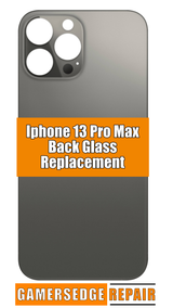 Phone back with 'Iphone 13 Pro Max Back Glass Repair Service' text and 'GAMERSEDGE REPAIR' branding.