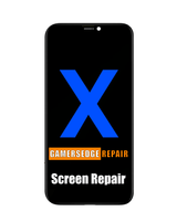 Phone with 'X' logo and 'GamersEdge Repair' text on a black background