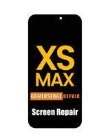 Phone screen repair advertisement with 'XS MAX' and 'GAMERSEDGE REPAIR' text on a black background