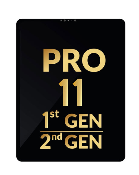 Black iPad Pro screen displaying text indicating the device model as 'PRO 11 1st GEN / 2nd GEN' in red and white colors.