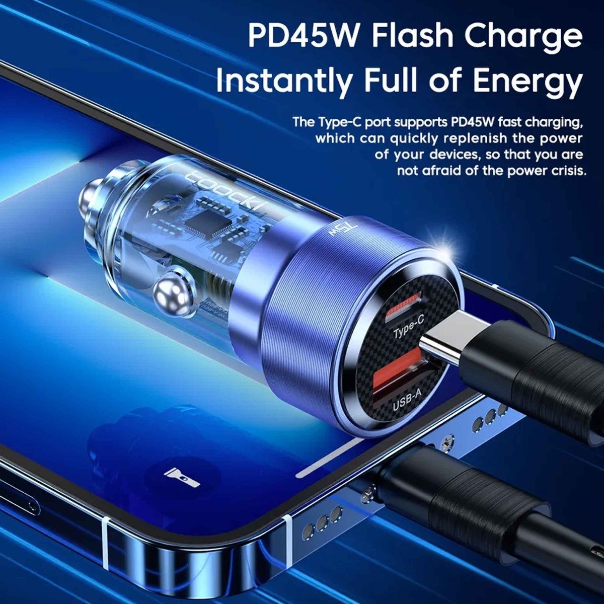 PD USB C+A Transparent Car Charger (BLACK) (75W)