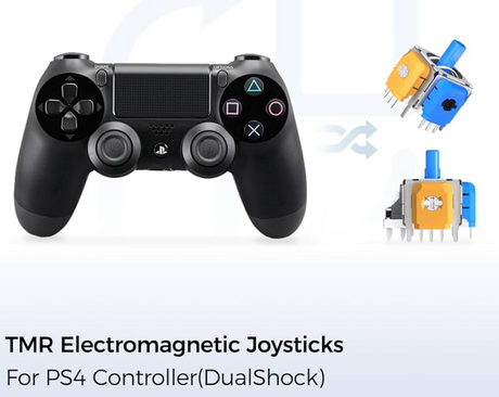 Black gaming controller with TMR electromagnetic joysticks on a light blue background