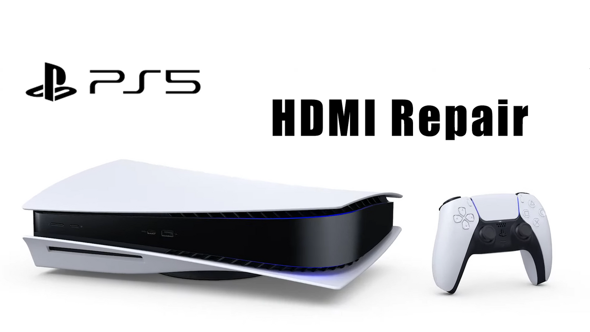 PlayStation 5 console and controller with the text 'HDMI Repair' beside them.