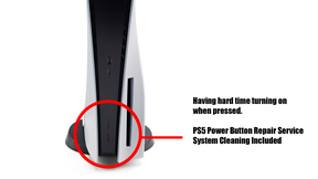 Gaming console with power button highlighted and text about repair service.