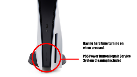 Gaming console with power button highlighted and text about repair service.