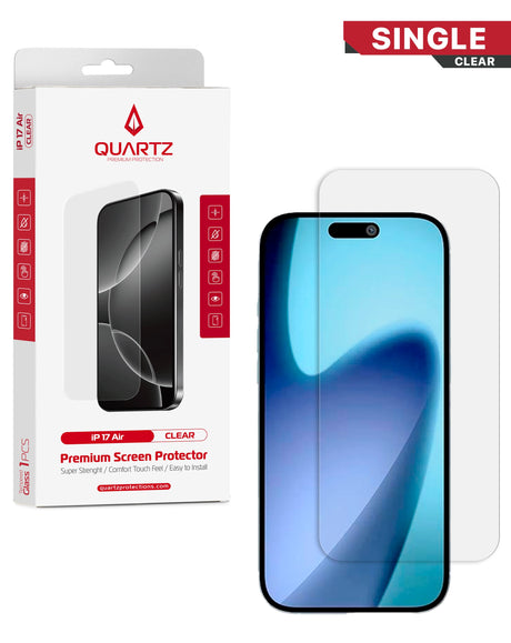 Quartz screen protector packaging with a clear screen protector on a white background