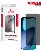 Quartz privacy screen protector packaging with a smartphone displaying the screen protector.