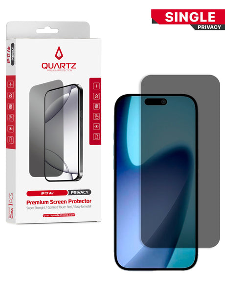 Quartz privacy screen protector packaging with a smartphone displaying the screen protector.
