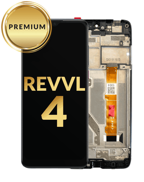 Tmobile Revvl 4 phone screen replacement service, showcasing the front and back of a device with a cracked screen, indicating a repair service is available.