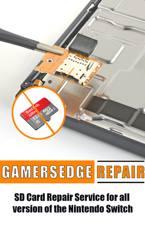 Advertisement for SD card repair service for Nintendo Switch with close-up of electronic components.