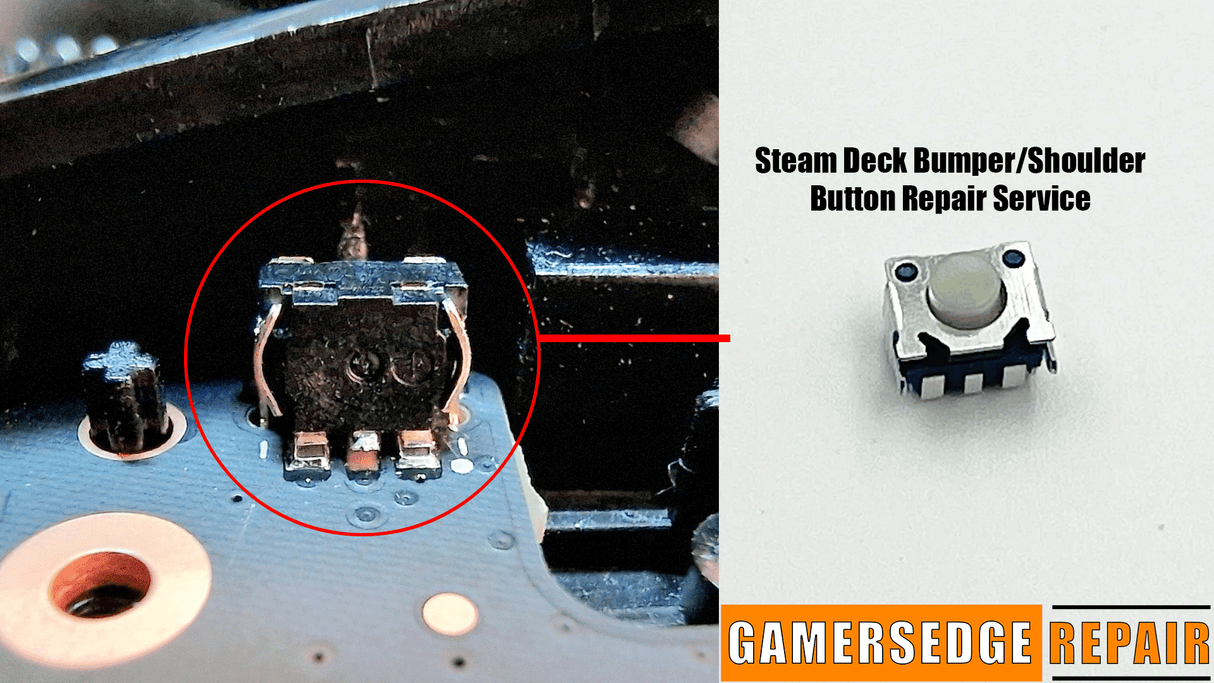 Repair service for Steam Deck bumper and shoulder button with close-up of repair area and button.
