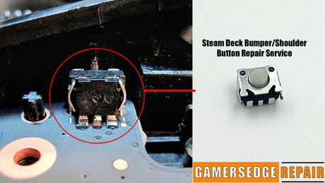 Repair service for Steam Deck bumper and shoulder button with close-up of repair area and button.