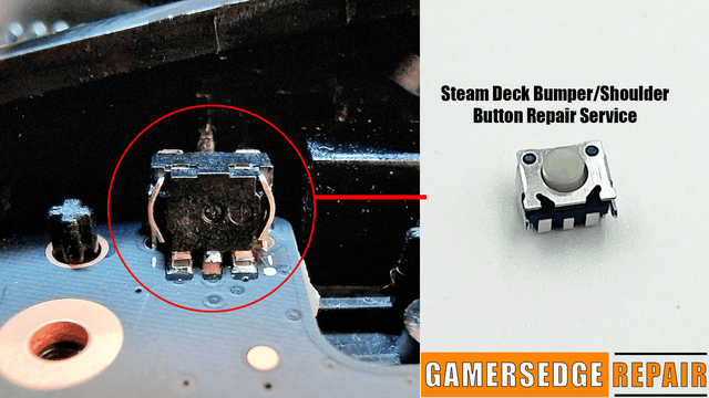 Repair service for Steam Deck bumper and shoulder button with close-up of repair area and button.