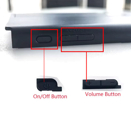 Close-up of Switch Oled device with on/off and volume buttons labeled.
