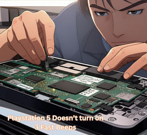 Animated character working on a PlayStation 5 console with text about 3 beeps, doesn't turn on.