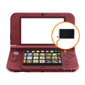 A red 3DS XL game console with its top screen displayed, indicating a repair service for the top screen is available.