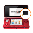 A red Nintendo 3DS with its top screen detached, highlighting the screen replacement service.